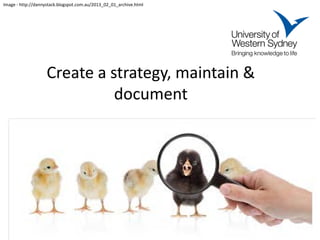 Create a strategy, maintain & document 
Image - http://dannystack.blogspot.com.au/2013_02_01_archive.html  