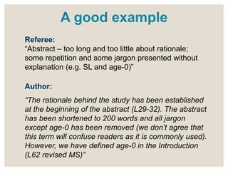 Referee:
“Abstract – too long and too little about rationale;
some repetition and some jargon presented without
explanation (e.g. SL and age-0)”
Author:
“The rationale behind the study has been established
at the beginning of the abstract (L29-32). The abstract
has been shortened to 200 words and all jargon
except age-0 has been removed (we don’t agree that
this term will confuse readers as it is commonly used).
However, we have defined age-0 in the Introduction
(L62 revised MS)”
A good example
 