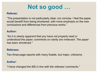 Referee:
“The presentation is not particularly clear, nor concise. I feel the paper
would benefit from being shortened, with more emphasis on the new
conclusions and differences from previous works.”
Author:
“As it is clearly apparent that you have not properly read or
understood the paper, comments on clarity are irrelevant. The paper
has been shortened.”
Referees:
Two three-page reports with many fixable, but major, criticisms.
Author:
“I have changed the MS in line with the referees’ comments.”
Not so good …
 
