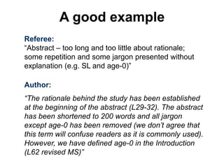 Referee:
“Abstract – too long and too little about rationale;
some repetition and some jargon presented without
explanation (e.g. SL and age-0)”
Author:
“The rationale behind the study has been established
at the beginning of the abstract (L29-32). The abstract
has been shortened to 200 words and all jargon
except age-0 has been removed (we don’t agree that
this term will confuse readers as it is commonly used).
However, we have defined age-0 in the Introduction
(L62 revised MS)”
A good example
 