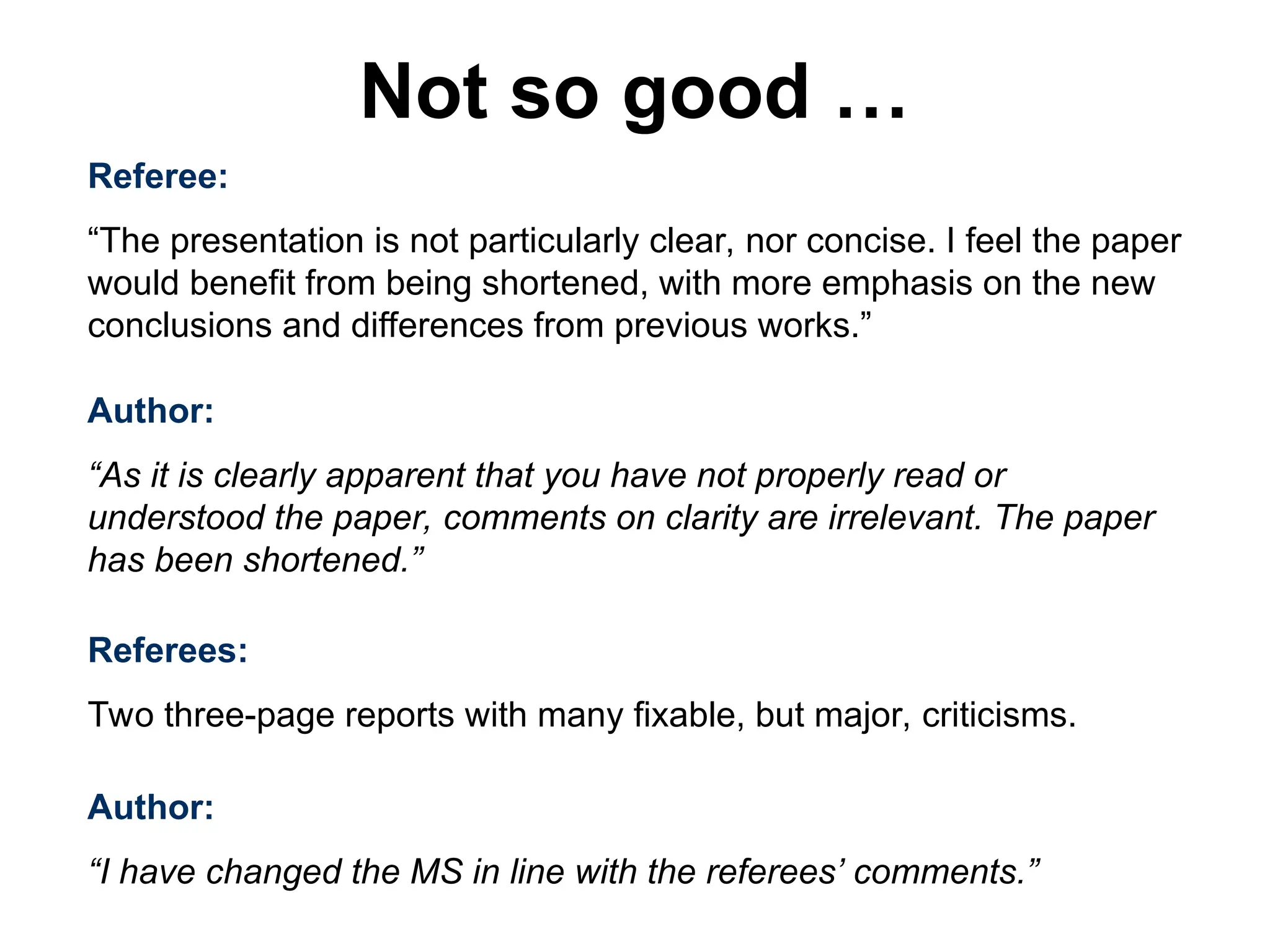 Referee:
“The presentation is not particularly clear, nor concise. I feel the paper
would benefit from being shortened, with more emphasis on the new
conclusions and differences from previous works.”
Author:
“As it is clearly apparent that you have not properly read or
understood the paper, comments on clarity are irrelevant. The paper
has been shortened.”
Referees:
Two three-page reports with many fixable, but major, criticisms.
Author:
“I have changed the MS in line with the referees’ comments.”
Not so good …
 