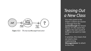Teasing Out
a New Class
Our entry point to the
Sniper is where we receive
a message from the
auctionthrough the Smack
library: it’s the event that
triggers the next round of
behavior we want to make
work.
In practice, this means that
we need a class
implementing
MessageListener to attach
to the Chat.
When this class receives a raw message from the auction, it
will translate it into something that represents an auction event
within our code which, eventually, will prompt a Sniper action
and a change in the user interface.
 