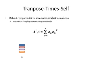 Tranpose-Times-Self
• Mahout computes ATA via row-outer-product formulation
– executes in a single pass over row-partitioned A




m
i
T
ii
T
aaAA
0
A
 