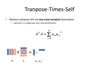 Tranpose-Times-Self
• Mahout computes ATA via row-outer-product formulation
– executes in a single pass over row-partitioned A




m
i
T
ii
T
aaAA
0
x = x
AAT a1• a1•
T
 