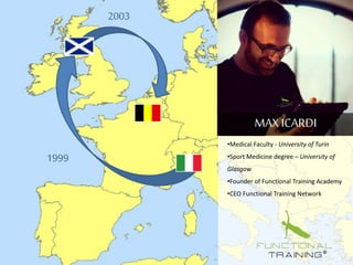 2003
•Medical Faculty - University of Turin
•Sport Medicine degree – University of
Glasgow
•Founder of Functional Training Academy
•CEO Functional Training Network
MAX ICARDI
1999
 