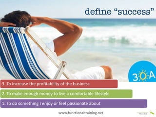www.functionaltraining.net
3. To increase the profitability of the business
2. To make enough money to live a comfortable lifestyle
1. To do something I enjoy or feel passionate about
 
