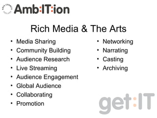 Rich Media & The Arts <ul><li>Media Sharing </li></ul><ul><li>Community Building </li></ul><ul><li>Audience Research </li>...