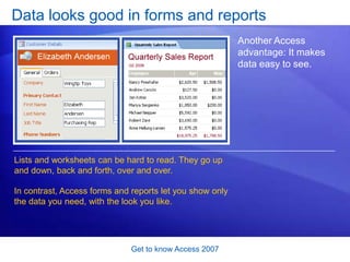 Get to know Access 2007<br />Tables organize data<br />If you’ve got data, you’ve got lists. <br />Access turns those list...