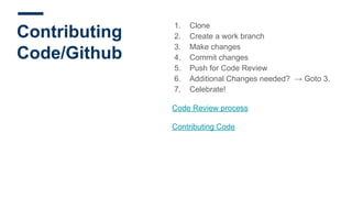 Contributing
Code/Github
1. Clone
2. Create a work branch
3. Make changes
4. Commit changes
5. Push for Code Review
6. Add...