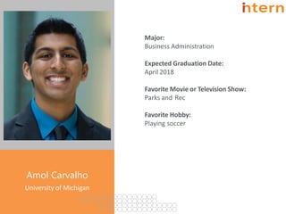 Major:
Business Administration
Expected Graduation Date:
April 2018
Favorite Movie or Television Show:
Parks and Rec
Favorite Hobby:
Playing soccer
Pg. 12
Amol Carvalho
University of Michigan
 