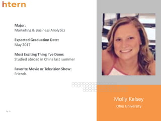 Major:
Marketing & Business Analytics
Expected Graduation Date:
May 2017
Most Exciting Thing I’ve Done:
Studied abroad in China last summer
Favorite Movie or Television Show:
Friends
Pg. 13
Molly Kelsey
Ohio University
 