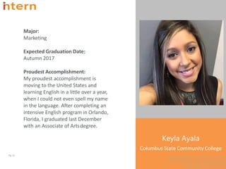 Major:
Marketing
Expected Graduation Date:
Autumn 2017
Proudest Accomplishment:
My proudest accomplishment is
moving to the United States and
learning English in a little over a year,
when I could not even spell my name
in the language. After completing an
intensive English program in Orlando,
Florida, I graduated last December
with an Associate of Artsdegree.
Pg. 15
Keyla Ayala
Columbus State Community College
 