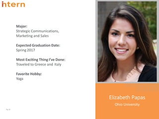 Major:
Strategic Communications,
Marketing and Sales
Expected Graduation Date:
Spring 2017
Most Exciting Thing I’ve Done:
Traveled to Greece and Italy
Favorite Hobby:
Yoga
Pg. 23
Elizabeth Papas
Ohio University
 