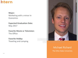 Pg. 5
Michael Richard
The Ohio State University
Major:
Marketing with a minor in
Economics
Expected Graduation Date:
May 2017
Favorite Movie or Television:
The Office
Favorite Hobby:
Traveling and camping
 
