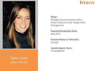 Taylor Smith
Miami University
Pg. 6
Major:
Strategic Communications with a
minor in Business and Supply Chain
Management
Expected Graduation Date:
May 2017
Favorite Movie or Television:
Scandal
Favorite Sports Team:
UK Basketball!
 
