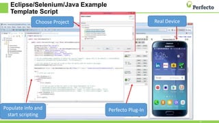 Eclipse/Selenium/Java Example
Template Script
21
Populate info and
start scripting
Real Device
Perfecto Plug-In
Choose Project
 
