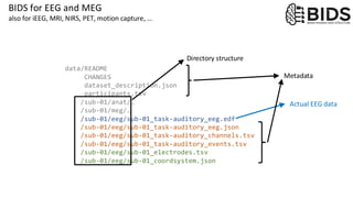 data/README
CHANGES
dataset_description.json
participants.tsv
/sub-01/anat/…
/sub-01/meg/…
/sub-01/eeg/sub-01_task-auditory_eeg.edf
/sub-01/eeg/sub-01_task-auditory_eeg.json
/sub-01/eeg/sub-01_task-auditory_channels.tsv
/sub-01/eeg/sub-01_task-auditory_events.tsv
/sub-01/eeg/sub-01_electrodes.tsv
/sub-01/eeg/sub-01_coordsystem.json
Actual EEG data
Directory structure
Metadata
BIDS for EEG and MEG
also for iEEG, MRI, NIRS, PET, motion capture, …
 