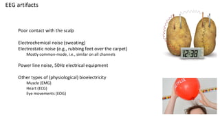 EEG artifacts
Poor contact with the scalp
Electrochemical noise (sweating)
Electrostatic noise (e.g., rubbing feet over the carpet)
Mostly common-mode, i.e., similar on all channels
Power line noise, 50Hz electrical equipment
Other types of (physiological) bioelectricity
Muscle (EMG)
Heart (ECG)
Eye movements (EOG)
 