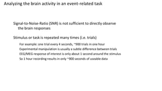 Analyzing the brain activity in an event-related task
Signal-to-Noise-Ratio (SNR) is not sufficient to directly observe
the brain responses
Stimulus or task is repeated many times (i.e. trials)
For example: one trial every 4 seconds, ~900 trials in one hour
Experimental manipulation is usually a subtle difference between trials
EEG/MEG response of interest is only about 1 second around the stimulus
So 1 hour recording results in only ~900 seconds of useable data
 