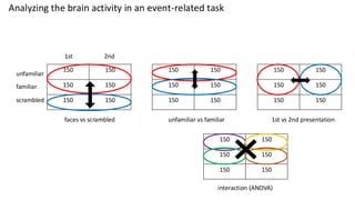 150 150
150 150
150 150
150 150
150 150
150 150
150 150
150 150
150 150
1st 2nd
unfamiliar
familiar
scrambled
150 150
150 150
150 150
faces vs scrambled unfamiliar vs familiar 1st vs 2nd presentation
interaction (ANOVA)
Analyzing the brain activity in an event-related task
 