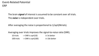 Event-Related Potential
ERP
The brain signal of interest is assumed to be constant over all trials.
The noise is independent over trials.
After averaging the noise is proportional to 1/sqrt(Ntrials).
Averaging over trials improves the signal-to-noise ratio (SNR).
10 trials -> SNR is sqrt(10) ≅ 3x better
100 trials -> SNR is sqrt(100) ≅ 10x better
 