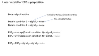 Linear model for ERP superposition
Data = signal + noise
Data in condition 1 = signal1 + noise
Data in condition 2 = signal2 + noise
ERP1 = average(Data in condition 1) = signal1 + noise
ERP2 = average(Data in condition 2) = signal2 + noise
ERP1 – ERP2 = signal1 – signal2 + noise
Related to the task, constant over trials
Not related to the task
 