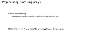 Preprocessing, processing, analysis
Prior to preprocessing
Data curation: collecting all files, naming them consistently, etc.
EEG/MEG data is large, consists of many files, and is complex
 