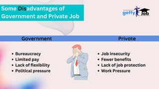 Some Disadvantages of
Government and Private Job
Government Private
Bureaucracy
Limited pay
Lack of flexibility
Political ...