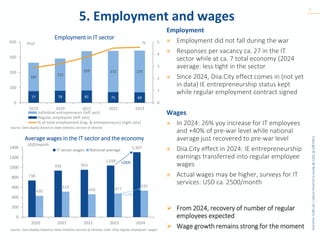 Copyright
©
2025
BE
Berlin
Economics
GmbH
|
All
rights
reserved.
5. Employment and wages
7
Employment
» Employment did not fall during the war
» Responses per vacancy ca. 27 in the IT
sector while at ca. 7 total economy (2024
average: less tight in the sector
» Since 2024, Diia.City effect comes in (not yet
in data) IE entrepreneurship status kept
while regular employment contract signed
Wages
» In 2024: 26% yoy increase for IT employees
and +40% of pre-war level while national
average just recovered to pre-war level
» Diia.City effect in 2024: IE entrepreneurship
earnings transferred into regular employee
wages
» Actual wages may be higher, surveys for IT
services: USD ca. 2500/month
➢ From 2024, recovery of number of regular
employees expected
➢ Wage growth remains strong for the moment
Employment in IT sector
Average wages in the IT sector and the economy
Source: Own display based on State Statistics Service of Ukraine; note: Only regular employees‘ wages
Source: Own display based on State Statistics Service of Ukraine
77 79 81 71 69
187
212
259 272 275
0
1
2
3
4
5
0
100
200
300
400
2019 2020 2021 2022 2023
%
thsd.
Individual entrepreneurs (left axis)
Regular employees (left axis)
% of total employment (reg. & entrepreneurs) (right axis)
738
936 953
1,038
1,307
430
514
459 477
535
0
200
400
600
800
1000
1200
1400
2020 2021 2022 2023 2024
USD/month
IT sector wages National average
+12%
+26%
 