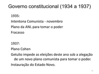Governo constitucional (1934 a 1937)
1935:
Intentona Comunista - novembro
Plano da ANL para tomar o poder
Fracasso
1937:
Plano Cohen
Getulio impede as eleições deste ano sob a alegação
de um novo plano comunista para tomar o poder.
Instauração do Estado Novo.
13
 