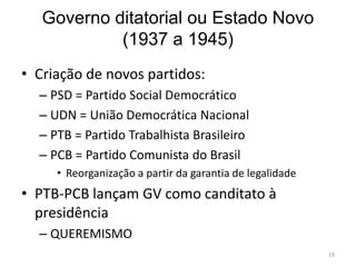 Governo ditatorial ou Estado Novo
(1937 a 1945)
19
• Criação de novos partidos:
– PSD = Partido Social Democrático
– UDN = União Democrática Nacional
– PTB = Partido Trabalhista Brasileiro
– PCB = Partido Comunista do Brasil
• Reorganização a partir da garantia de legalidade
• PTB-PCB lançam GV como canditato à
presidência
– QUEREMISMO
 