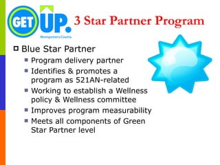 3 Star Partner Program Blue Star Partner Program delivery partner Identifies & promotes a  program as 521AN-related Working to establish a Wellness policy & Wellness committee Improves program measurability Meets all components of Green Star Partner level 