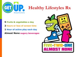 Healthy Lifestyles Rx 5   Fruits & vegetables a day 2   hours or less of screen time 1   Hour of active play each day Almost None  sugary beverages 