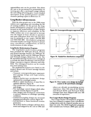 opposed-flow unit can be provided. This allows
the unit to be pre-warmed by pressurization on
turning gear after a prolonged outage without
the unit rolling off turning gear. A more detailed
description of the positive-pressure variable-
clearance packing is given in Reference 14.
Long-Bucket Advancements
With the slow growth rate in the 1980s many
utilities were upgrading and extending the life
of existing turbines. In this period, the long-
bucket development programs were therefore
focused on the modernization of older designs
to improve efficiency and reliability. In the
1990s turbine size is not expected to increase
over the largest of those already in operation
and some indications show that new unit sizes
may be primarily in two ranges, 300-500 MW
and 800-1000 MW. Development programs
currently include new longer buckets to permit
more cost-effective configurations, as well as
modernization of older designs.
Long-Bucket Modernization Programs
The long-bucket modernization programs
have included the 3600-rpm 20-inch, 23-inch
and 26inch last-stage buckets, the 180~r-pm 43
inch last-stage bucket and the 300~rpm 26inch
and 33.5-inch designs, References 15, 16. The
60- and 50-Hz last-stage buckets were redesigned
to include the latest aerodynamic and structural-
design concepts to improve efficiency and relia-
bility. The redesigned buckets can be retrofit
into most existing units.
The predominant features were based on the
modern 30-inch and 33.5inch last-stage buckets
and include:
- Transonic convergent-divergent supersonic
flow passage design with high solidity,
Figure 29.
- Modern bucket-vane aerodynamic design
optimized for centrifugal untwist.
- Modern radial distribution of mass flow to
optimize efficiency, Figure 30.
- New nozzle-vane aerodynamic and steam-
path design.
- New tip-leakage control designs which allow
moisture removal, Figures 31 and 32.
- Vane designs and mechanical connections
to prevent vibration at off-design operating
conditions.
- Continuouscoupling designs for structural
damping and vibration control, Figure 33.
- Self-shielded or flame-hardened erosion
protection.
All of these bucket redesigns will have been
tested and shipped by the end of 1992 and
GT2108
Figure 29. Convergent&vergent supersonic tip
1.0
c
.g
P
t
6 0.5
i
z
P
GT21882
Fii 30. Radial-flow distribution comparison
Nozzle
L-J
L---J1 Bucket
t
GT21883
Figure 3 1. Over/under cover design tip leakage
control of 20- and 23inch redesigns
others are already accumulating service
experience. Over 150 rows of the 23-inch
and 26-inch 60-Hz and 33.5-inch 50-Hz
redesigns have been shipped with over 180
row-years of experience.
New Longer-Bucket Design Programs
New longer-bucket development programs
have been initiated to support more. costeffective
configurations with the required annulus area on
large new units. The 50-I% long-bucket programs
have included new 41.9inch (3000 r-pm) and 52-
17
 