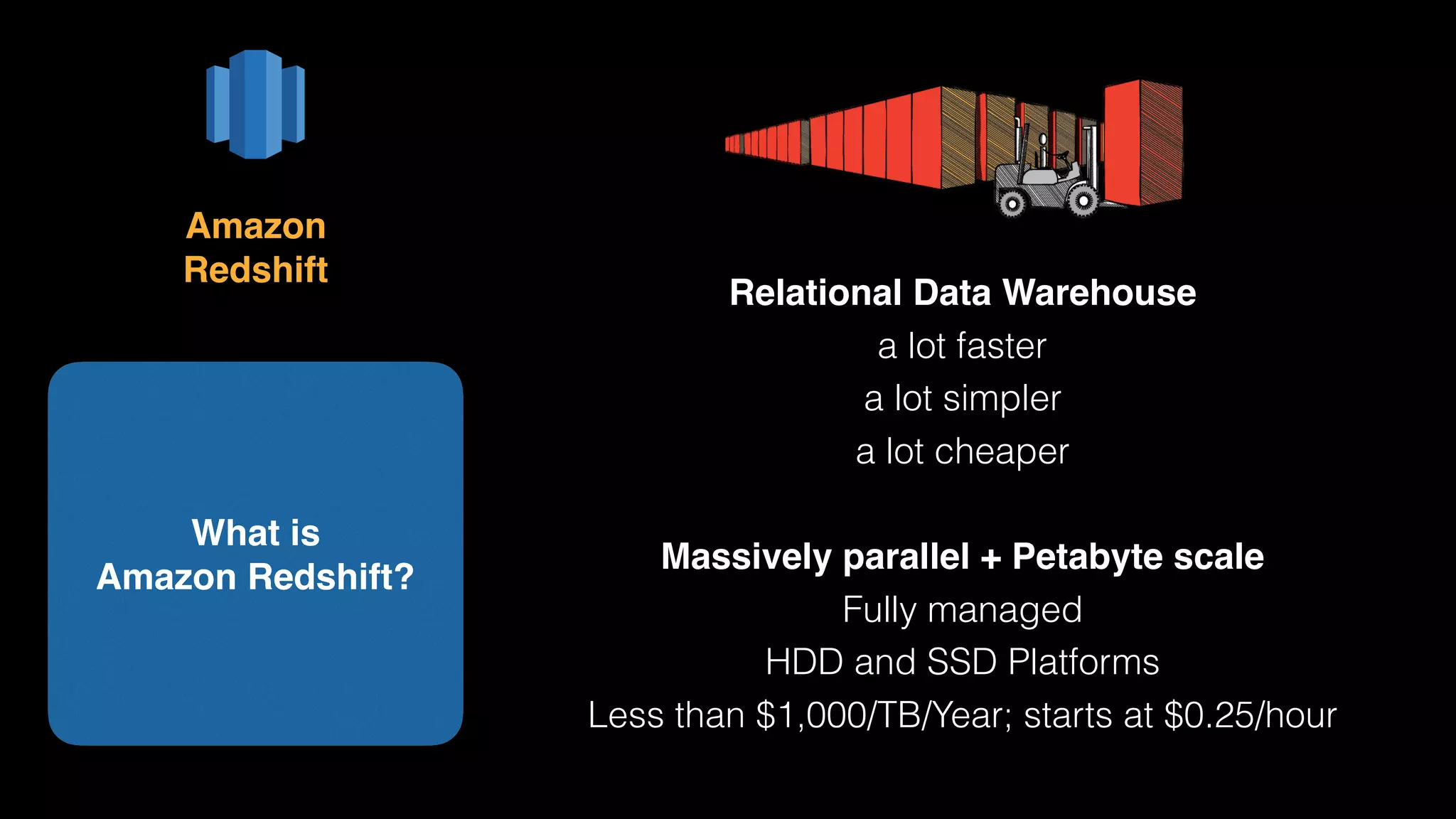 Relational Data Warehouse
a lot faster
a lot simpler
a lot cheaper
 
Massively parallel + Petabyte scale 
Fully managed 
HDD and SSD Platforms 
Less than $1,000/TB/Year; starts at $0.25/hour
What is 
Amazon Redshift?
Amazon 
Redshift
 