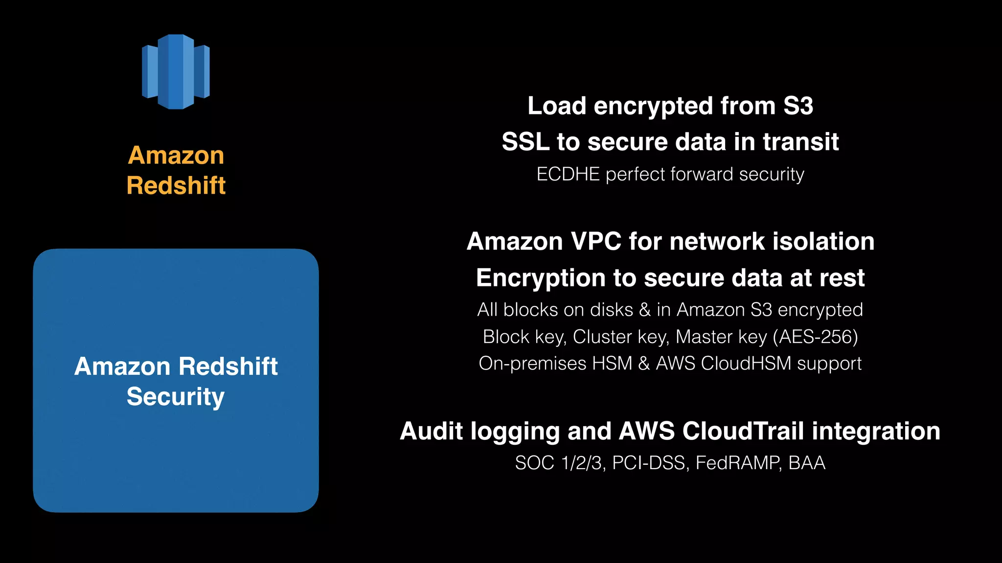 Load encrypted from S3
SSL to secure data in transit
ECDHE perfect forward security
Amazon VPC for network isolation
Encryption to secure data at rest
All blocks on disks & in Amazon S3 encrypted
Block key, Cluster key, Master key (AES-256)
On-premises HSM & AWS CloudHSM support
Audit logging and AWS CloudTrail integration
SOC 1/2/3, PCI-DSS, FedRAMP, BAA
Amazon Redshift
Security
Amazon 
Redshift
 