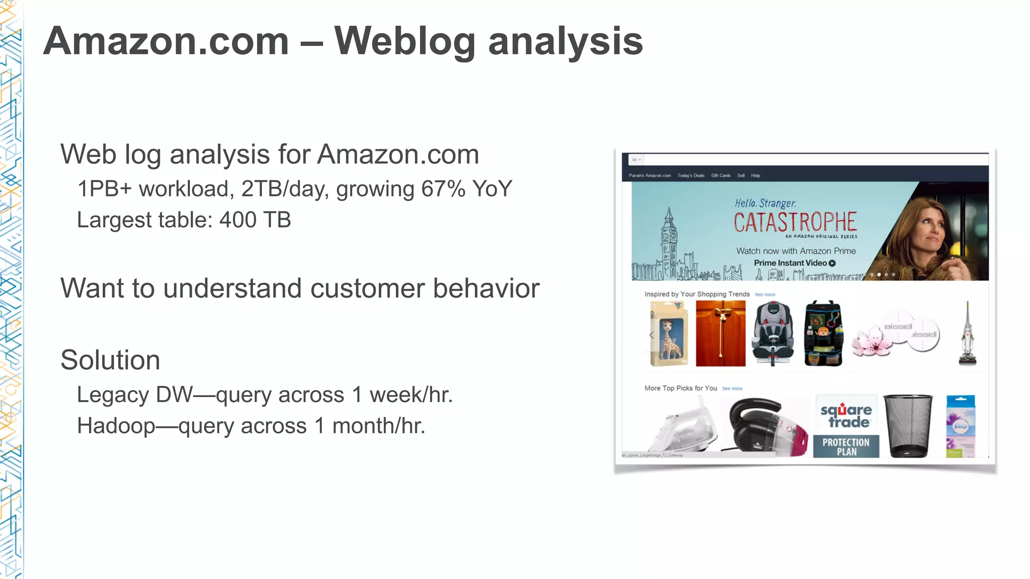 Amazon.com – Weblog analysis
Web log analysis for Amazon.com
1PB+ workload, 2TB/day, growing 67% YoY
Largest table: 400 TB
Want to understand customer behavior
Solution
Legacy DW—query across 1 week/hr.
Hadoop—query across 1 month/hr.
 