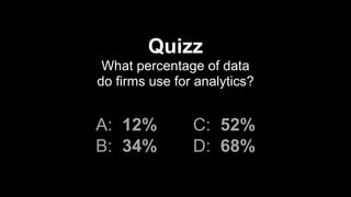Quizz
What percentage of data  
do firms use for analytics?
A: 12% C: 52%
B: 34% D: 68%
 