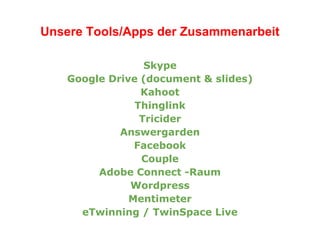 Unsere Tools/Apps der Zusammenarbeit
Skype
Google Drive (document & slides)
Kahoot
Thinglink
Tricider
Answergarden
Facebook
Couple
Adobe Connect -Raum
Wordpress
Mentimeter
eTwinning / TwinSpace Live
 