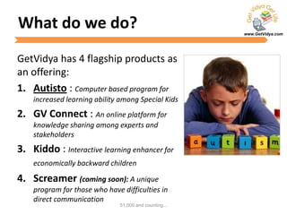www.GetVidya.com
What do we do?
GetVidya has 4 flagship products as
an offering:
1. Autisto : Computer based program for
increased learning ability among Special Kids
2. GV Connect : An online platform for
knowledge sharing among experts and
stakeholders
3. Kiddo : Interactive learning enhancer for
economically backward children
4. Screamer (coming soon): A unique
program for those who have difficulties in
direct communication
51,000 and counting...
 