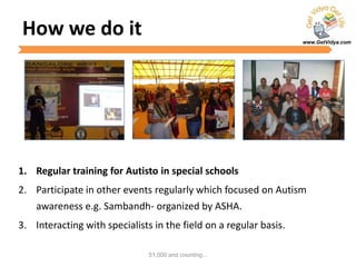www.GetVidya.com
How we do it
1. Regular training for Autisto in special schools
2. Participate in other events regularly which focused on Autism
awareness e.g. Sambandh- organized by ASHA.
3. Interacting with specialists in the field on a regular basis.
51,000 and counting...
 