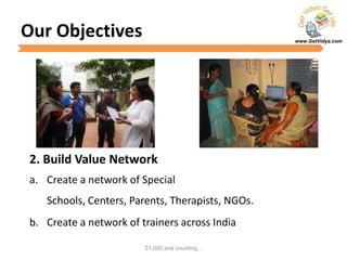 www.GetVidya.com
2. Build Value Network
a. Create a network of Special
Schools, Centers, Parents, Therapists, NGOs.
b. Create a network of trainers across India
51,000 and counting...
Our Objectives
 