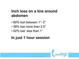 Inch loss on a line around
abdomen
• 60% lost between 1”- 2”
• 38% lost more than 2.5”
• 02% lost less than 1”
In just 1 hour session
www.getwelluae.com
 
