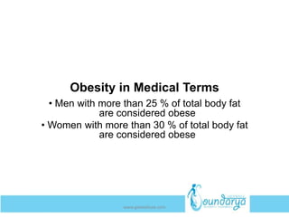 Obesity in Medical Terms
• Men with more than 25 % of total body fat
are considered obese
• Women with more than 30 % of total body fat
are considered obese
www.getwelluae.com
 