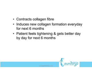 • Contracts collagen fibre
• Induces new collagen formation everyday
for next 6 months
• Patient feels tightening & gets better day
by day for next 6 months
www.getwelluae.com
 