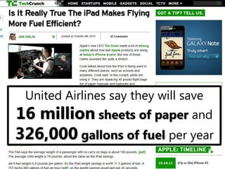 United Airlines say they will save
16 million sheets of paper and
326,000 gallons of fuel per year
 
