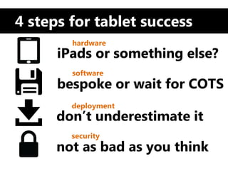 4 steps for tablet success
        hardware
      iPads or something else?
        software
      bespoke or wait for COTS
        deployment
      don’t underestimate it
        security
      not as bad as you think
 