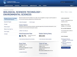 • Calls to action listed on
every program page.
• Degree-speciﬁc academics
page explains the way the
degree can be customized.
• Offers both data and
storytelling.
• Events are linked by
location.
 