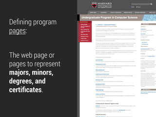Deﬁning program
pages:
The web page or
pages to represent
majors, minors,
degrees, and
certiﬁcates.
 
