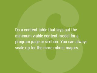6Do a content table that lays out the
minimum viable content model for a
program page or section. You can always
scale up for the more robust majors.
 